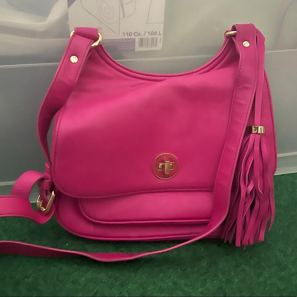 Bright pink Isaac Mizrahi small leather satchel with fringe detail